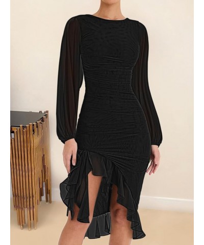 Womens Ruched Bodycon Ruffle Midi Dress Mesh Long Sleeve Elegant Wedding Cocktail Party Dresses Black $14.99 Dresses