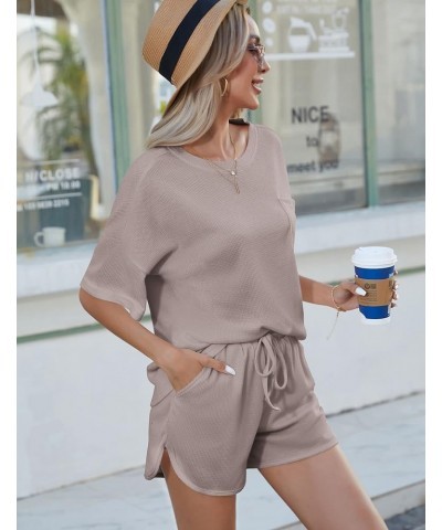 Pajamas Womens Waffle Knit Lounge Set Short Sleeve Top and Shorts 2 Piece Loungewear Outfits with Pockets Light Khaki $14.28 ...