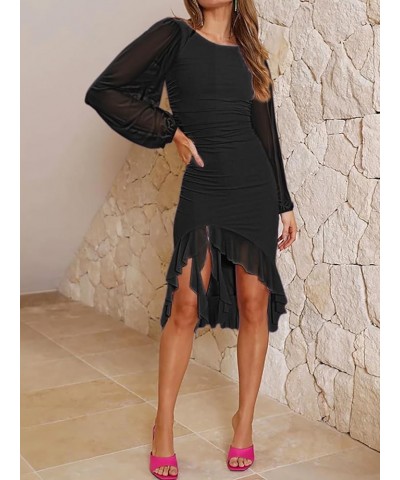 Womens Ruched Bodycon Ruffle Midi Dress Mesh Long Sleeve Elegant Wedding Cocktail Party Dresses Black $14.99 Dresses