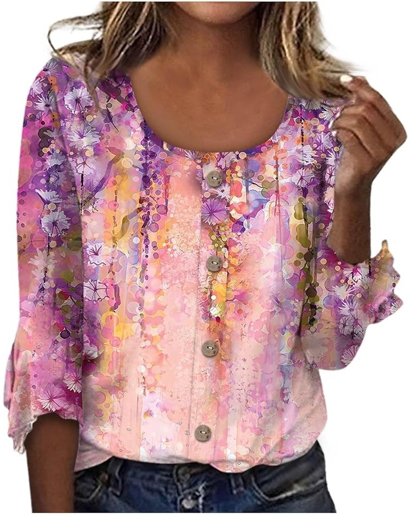 Western Tops for Women 3/4 Bell Sleeve Scoop Neck T-Shirts Flower Printed Button Up Blouses Business Casual Fall O03-pink $8....