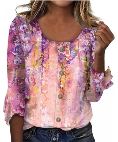 Western Tops for Women 3/4 Bell Sleeve Scoop Neck T-Shirts Flower Printed Button Up Blouses Business Casual Fall O03-pink $8....