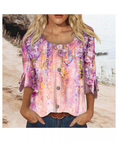 Western Tops for Women 3/4 Bell Sleeve Scoop Neck T-Shirts Flower Printed Button Up Blouses Business Casual Fall O03-pink $8....