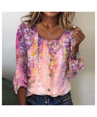 Western Tops for Women 3/4 Bell Sleeve Scoop Neck T-Shirts Flower Printed Button Up Blouses Business Casual Fall O03-pink $8....