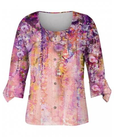 Western Tops for Women 3/4 Bell Sleeve Scoop Neck T-Shirts Flower Printed Button Up Blouses Business Casual Fall O03-pink $8....