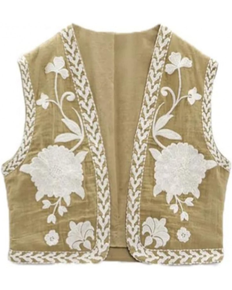 Women Y2k Vintage Embroidered Vest Floral Open Shirt Crop Vest Sleeveless Linen Cardigan Boho Vests Tops Floral 88- Khaki $16...