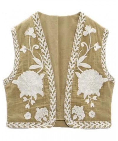 Women Y2k Vintage Embroidered Vest Floral Open Shirt Crop Vest Sleeveless Linen Cardigan Boho Vests Tops Floral 88- Khaki $16...