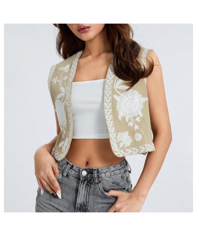 Women Y2k Vintage Embroidered Vest Floral Open Shirt Crop Vest Sleeveless Linen Cardigan Boho Vests Tops Floral 88- Khaki $16...