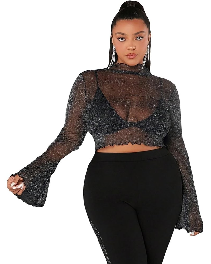 Women's Long Sleeves Mesh Sheer Mock Neck Crop Tops Tee Black Glitter $13.98 T-Shirts