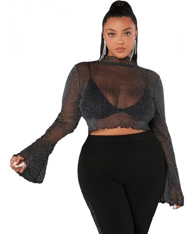 Women's Long Sleeves Mesh Sheer Mock Neck Crop Tops Tee Black Glitter $13.98 T-Shirts