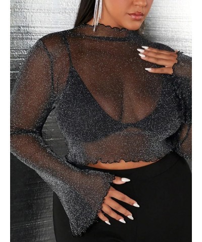 Women's Long Sleeves Mesh Sheer Mock Neck Crop Tops Tee Black Glitter $13.98 T-Shirts