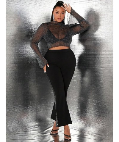 Women's Long Sleeves Mesh Sheer Mock Neck Crop Tops Tee Black Glitter $13.98 T-Shirts