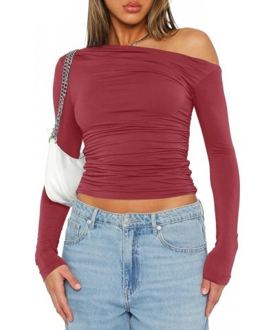 Women's Casual Long Sleeve Boat Neck Off Shoulder Slim Fit Crop Top Going Out Blouses Y2K Tight Shirts Brick Red $13.28 Blouses