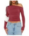 Women's Casual Long Sleeve Boat Neck Off Shoulder Slim Fit Crop Top Going Out Blouses Y2K Tight Shirts Brick Red $13.28 Blouses