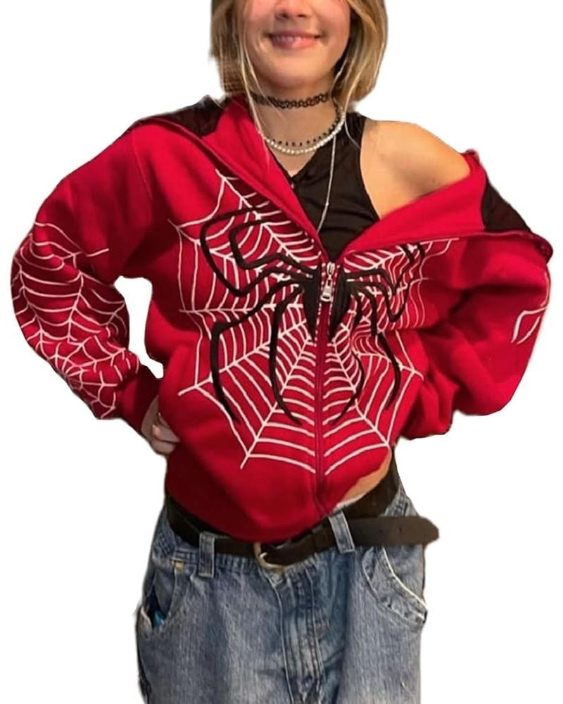 Women Y2k Goth Zip Up Hoodie Long Sleeve Harajuku Sweatshirt Aesthetic Casual Oversized Hooded Top Streetwear Red Spider 06c ...