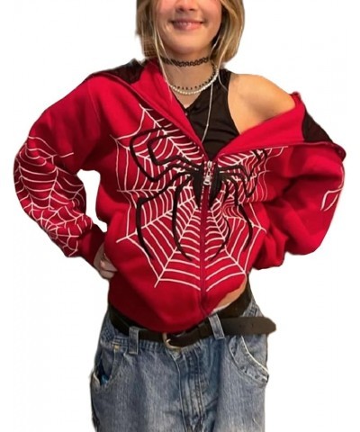 Women Y2k Goth Zip Up Hoodie Long Sleeve Harajuku Sweatshirt Aesthetic Casual Oversized Hooded Top Streetwear Red Spider 06c ...