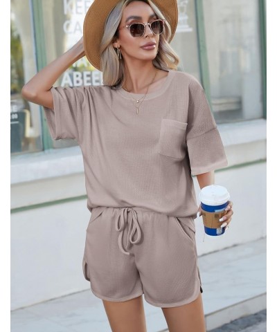 Pajamas Womens Waffle Knit Lounge Set Short Sleeve Top and Shorts 2 Piece Loungewear Outfits with Pockets Light Khaki $14.28 ...