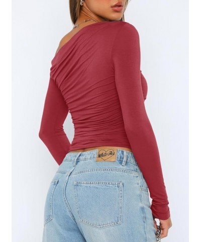 Women's Casual Long Sleeve Boat Neck Off Shoulder Slim Fit Crop Top Going Out Blouses Y2K Tight Shirts Brick Red $13.28 Blouses