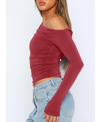 Women's Casual Long Sleeve Boat Neck Off Shoulder Slim Fit Crop Top Going Out Blouses Y2K Tight Shirts Brick Red $13.28 Blouses