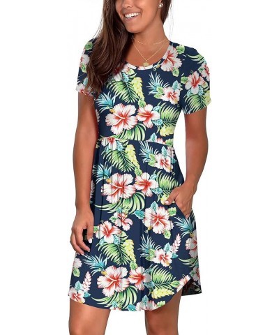 Women's Casual Dresses Short Sleeve Summer Dress with Pockets Flower Navy Blue $21.59 Swimsuits