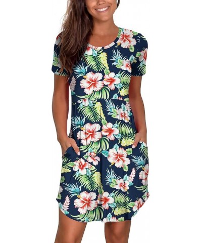 Women's Casual Dresses Short Sleeve Summer Dress with Pockets Flower Navy Blue $21.59 Swimsuits