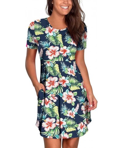 Women's Casual Dresses Short Sleeve Summer Dress with Pockets Flower Navy Blue $21.59 Swimsuits