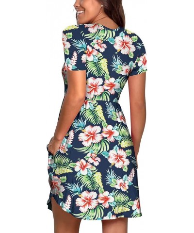 Women's Casual Dresses Short Sleeve Summer Dress with Pockets Flower Navy Blue $21.59 Swimsuits