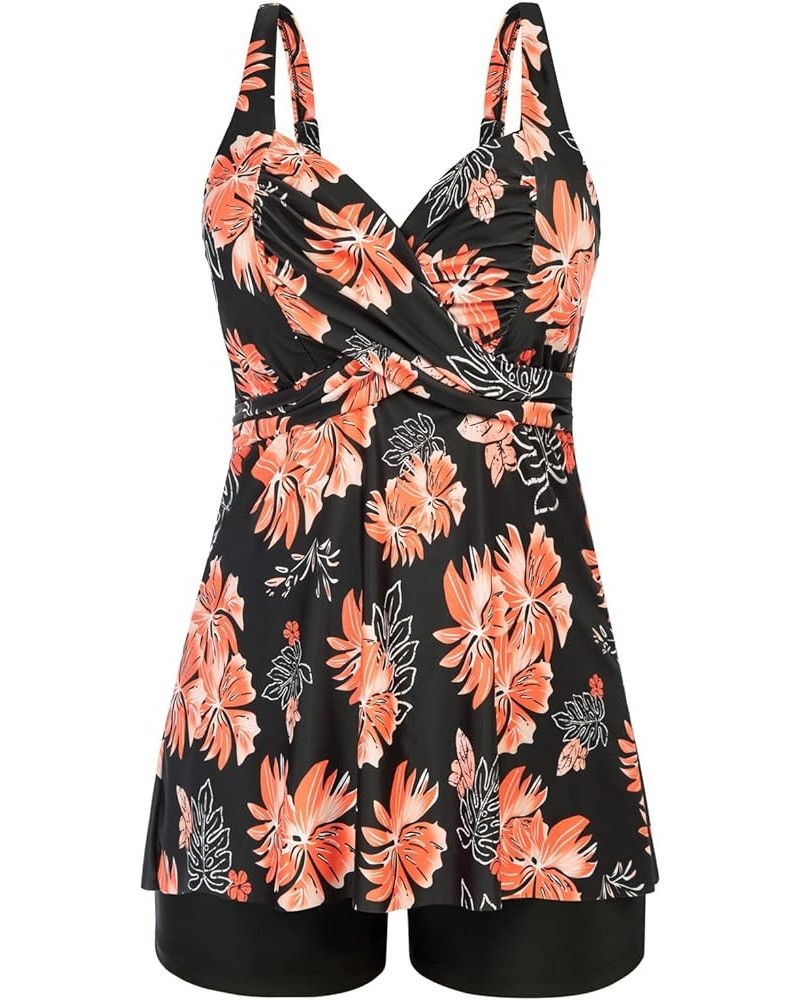 Women's Plus Size Tankini Swimsuits Twist Front Two Piece Bathing Suits with Shorts Orange Flower $20.24 Swimsuits