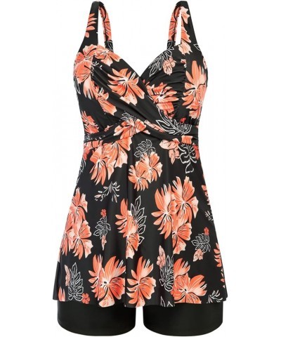 Women's Plus Size Tankini Swimsuits Twist Front Two Piece Bathing Suits with Shorts Orange Flower $20.24 Swimsuits