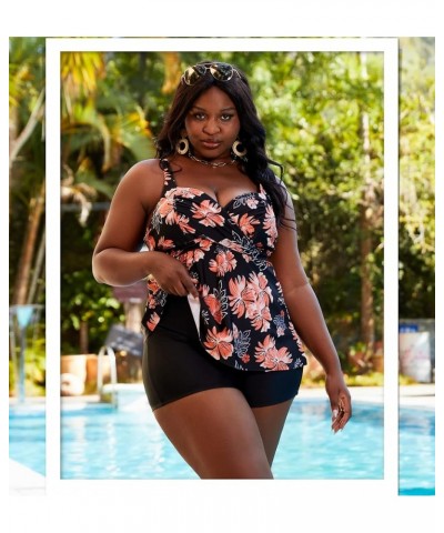 Women's Plus Size Tankini Swimsuits Twist Front Two Piece Bathing Suits with Shorts Orange Flower $20.24 Swimsuits