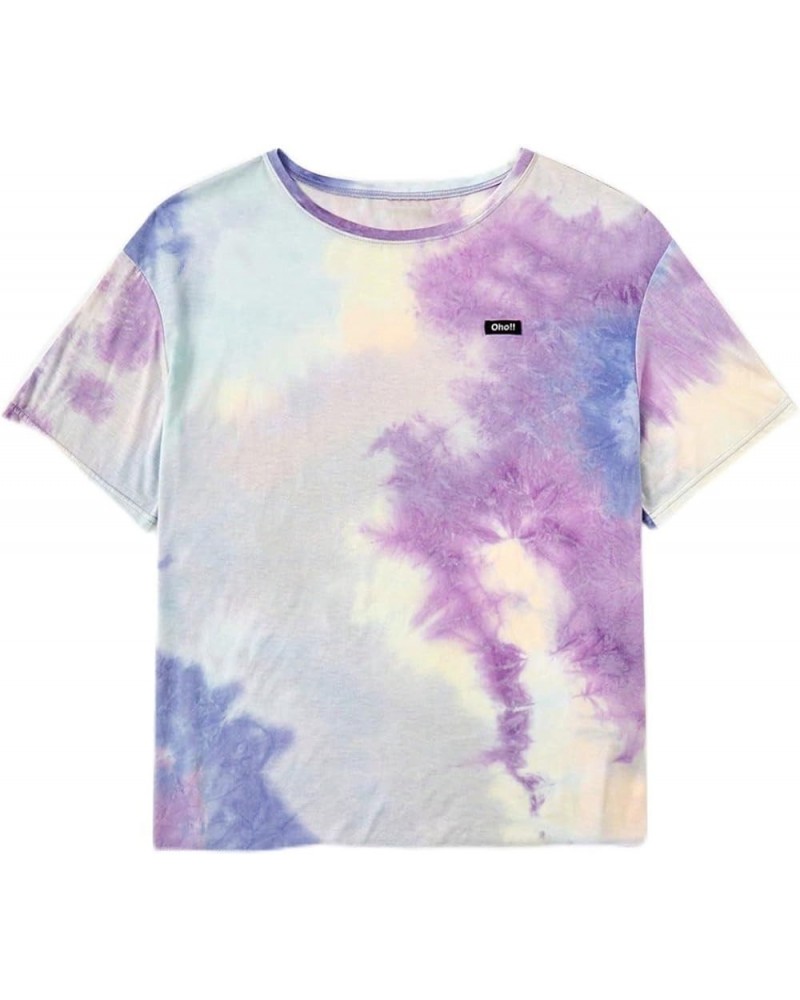 Women's Plus Tie Dye Letter Drop Shoulder Half Sleeve Casual Tee Oversized T Shirt Purple Multi $11.25 T-Shirts