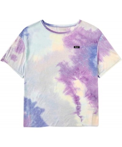 Women's Plus Tie Dye Letter Drop Shoulder Half Sleeve Casual Tee Oversized T Shirt Purple Multi $11.25 T-Shirts