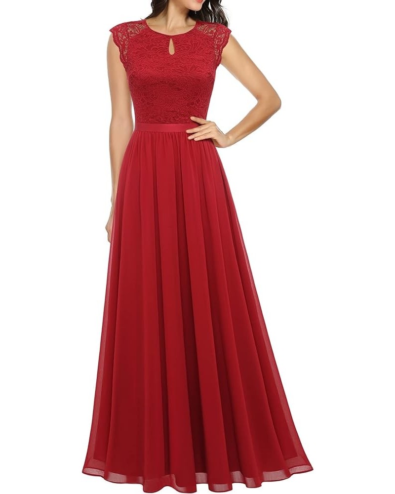 Women's V Neck Sleeveless Lace Bridesmaid Dress Wedding Party Gown Round Neck- Dark Red $32.99 Dresses