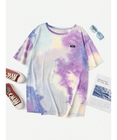 Women's Plus Tie Dye Letter Drop Shoulder Half Sleeve Casual Tee Oversized T Shirt Purple Multi $11.25 T-Shirts