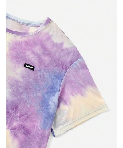 Women's Plus Tie Dye Letter Drop Shoulder Half Sleeve Casual Tee Oversized T Shirt Purple Multi $11.25 T-Shirts