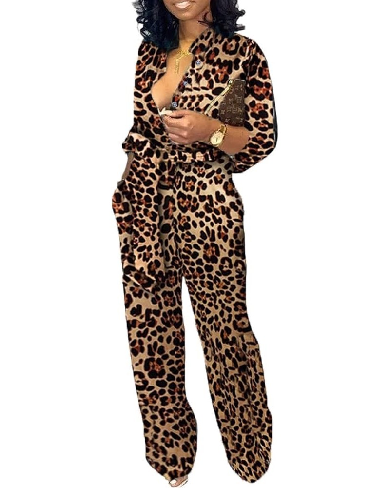 Women's Sexy V Neck Jumpsuits Elegant Long Sleeve Button Down Straight Long Pants Business Romper With Pockets Belt Leopard C...