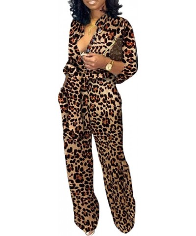 Women's Sexy V Neck Jumpsuits Elegant Long Sleeve Button Down Straight Long Pants Business Romper With Pockets Belt Leopard C...