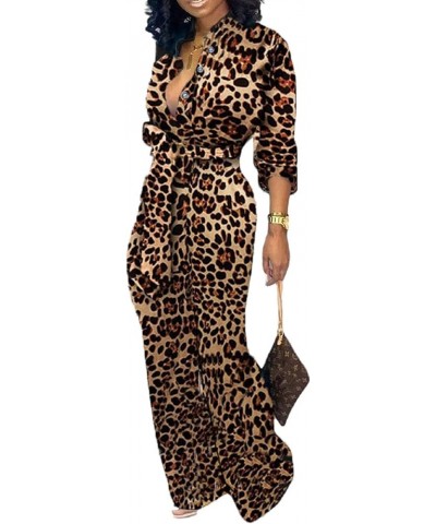 Women's Sexy V Neck Jumpsuits Elegant Long Sleeve Button Down Straight Long Pants Business Romper With Pockets Belt Leopard C...