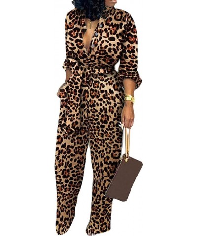 Women's Sexy V Neck Jumpsuits Elegant Long Sleeve Button Down Straight Long Pants Business Romper With Pockets Belt Leopard C...