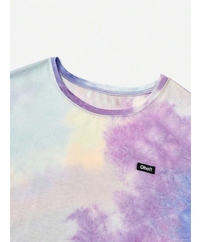 Women's Plus Tie Dye Letter Drop Shoulder Half Sleeve Casual Tee Oversized T Shirt Purple Multi $11.25 T-Shirts