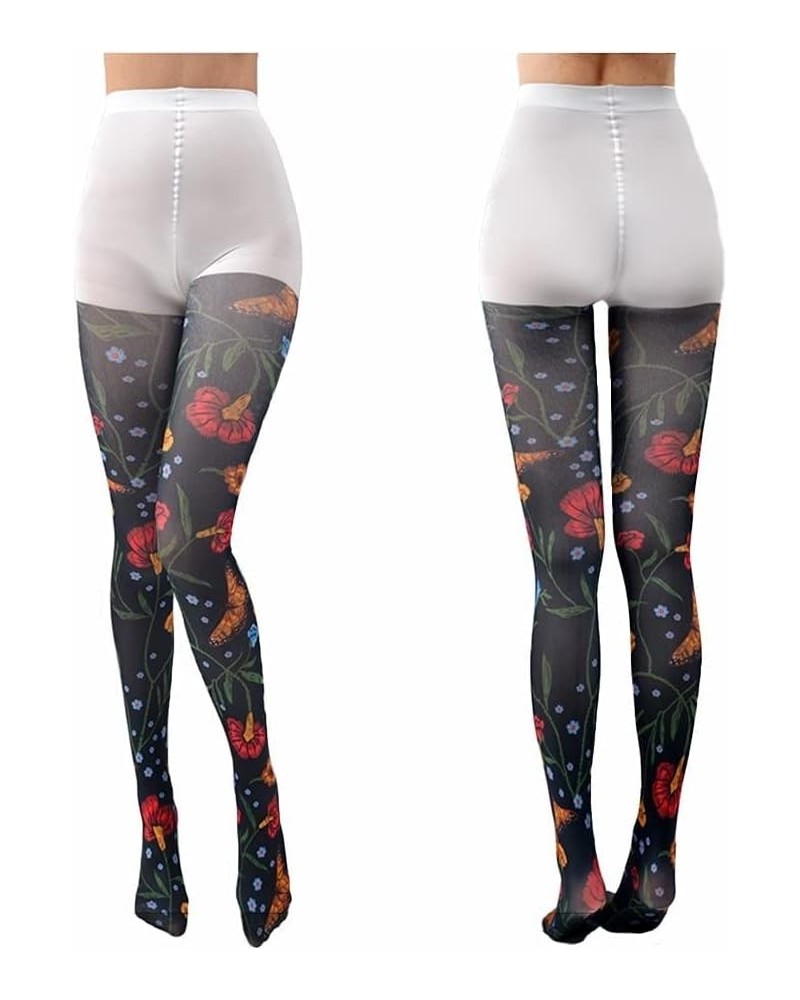 Women Tights, Sheer High Waist Pantyhose, Vintage Control Top Stockings, Siwa 3 Black Butterfly Floral $19.71 Socks