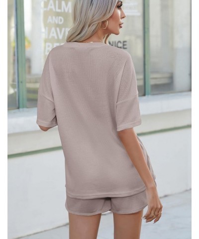 Pajamas Womens Waffle Knit Lounge Set Short Sleeve Top and Shorts 2 Piece Loungewear Outfits with Pockets Light Khaki $14.28 ...