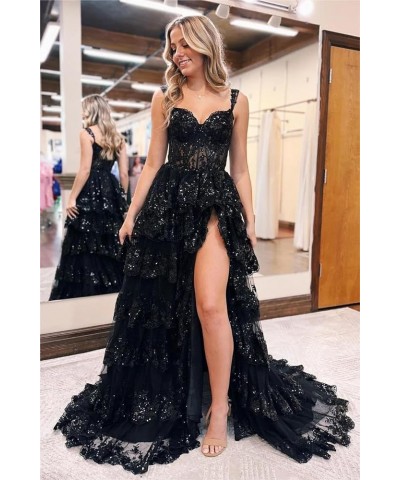 Women's Spaghetti Straps Sparkly Tulle Prom Dress 2024 Long Slit Lace Tiered Formal Evening Gowns Corset Wedding Dress Light ...