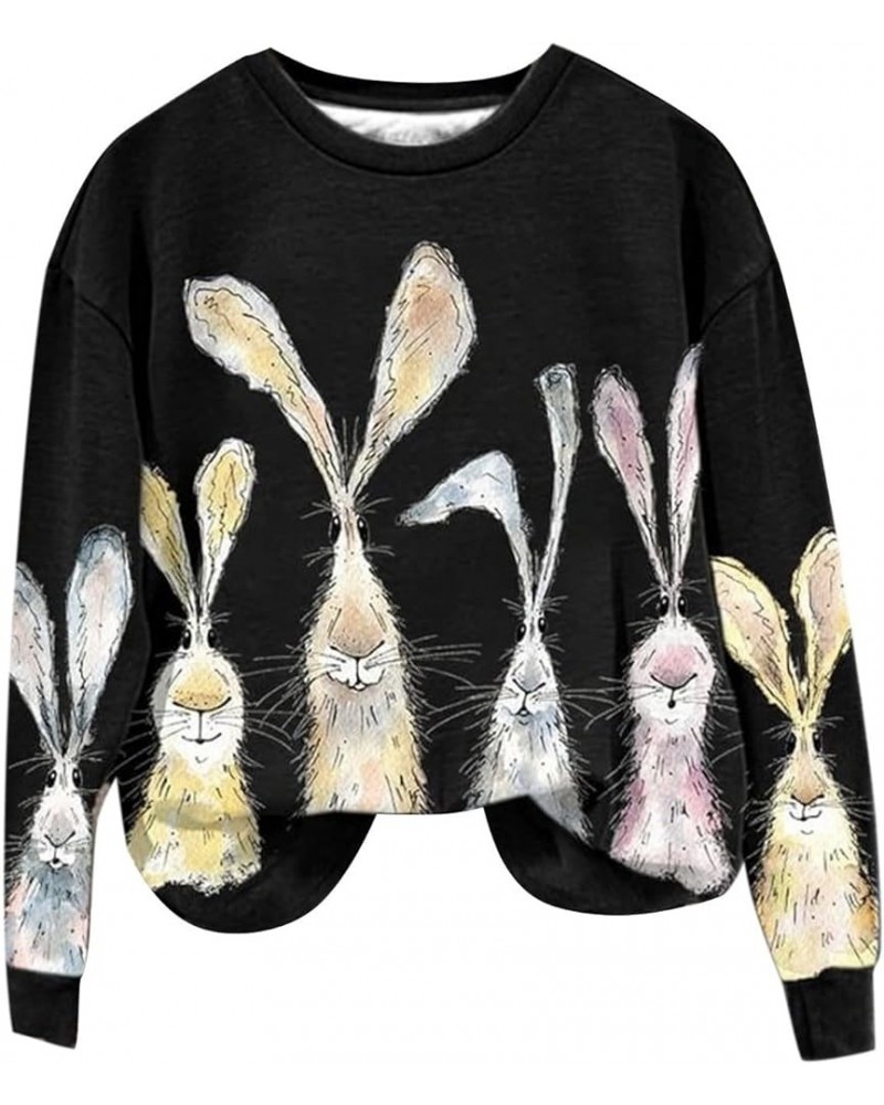 Womens Easter Bunny Printed Sweatshirt Crew Neck Long Sleeve Pullovers Funny Rabbit Pattern Shirt Sweatshirt Tops 02-black Li...