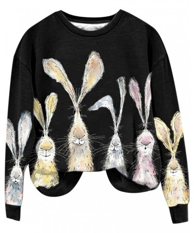 Womens Easter Bunny Printed Sweatshirt Crew Neck Long Sleeve Pullovers Funny Rabbit Pattern Shirt Sweatshirt Tops 02-black Li...