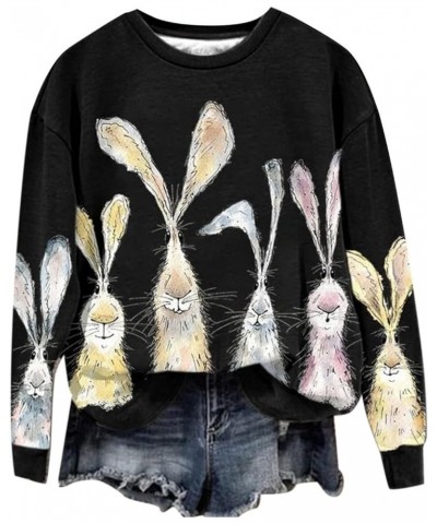 Womens Easter Bunny Printed Sweatshirt Crew Neck Long Sleeve Pullovers Funny Rabbit Pattern Shirt Sweatshirt Tops 02-black Li...