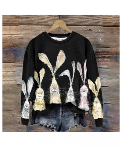 Womens Easter Bunny Printed Sweatshirt Crew Neck Long Sleeve Pullovers Funny Rabbit Pattern Shirt Sweatshirt Tops 02-black Li...