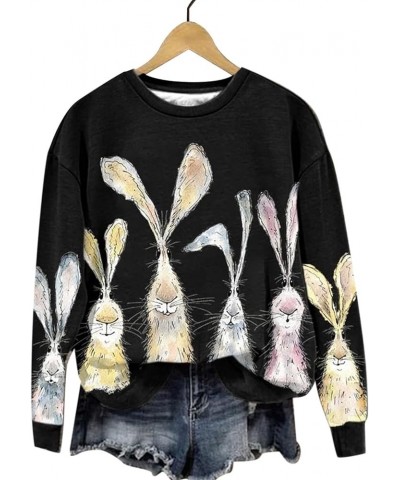 Womens Easter Bunny Printed Sweatshirt Crew Neck Long Sleeve Pullovers Funny Rabbit Pattern Shirt Sweatshirt Tops 02-black Li...