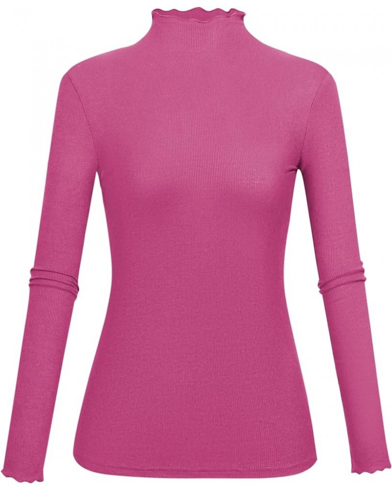 Lightweight Ruffle Mock Neck Tops Ribbed Lettuce Trim Soft Base Layer for Women Hot Pink $9.51 Underwear