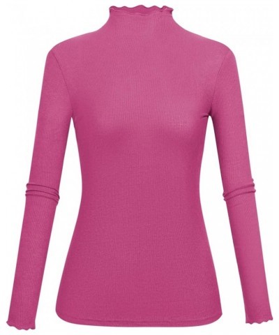 Lightweight Ruffle Mock Neck Tops Ribbed Lettuce Trim Soft Base Layer for Women Hot Pink $9.51 Underwear