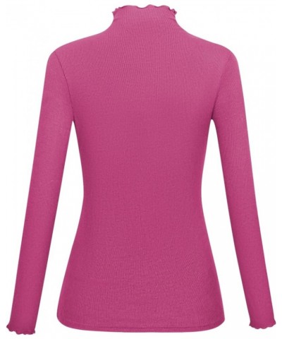 Lightweight Ruffle Mock Neck Tops Ribbed Lettuce Trim Soft Base Layer for Women Hot Pink $9.51 Underwear